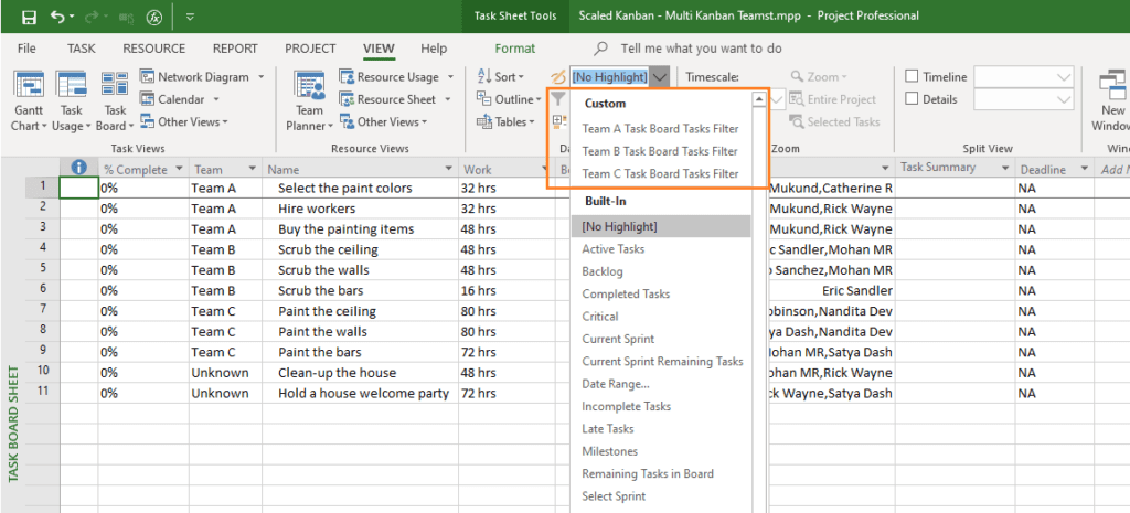A screen shot showing all custom task board filters.