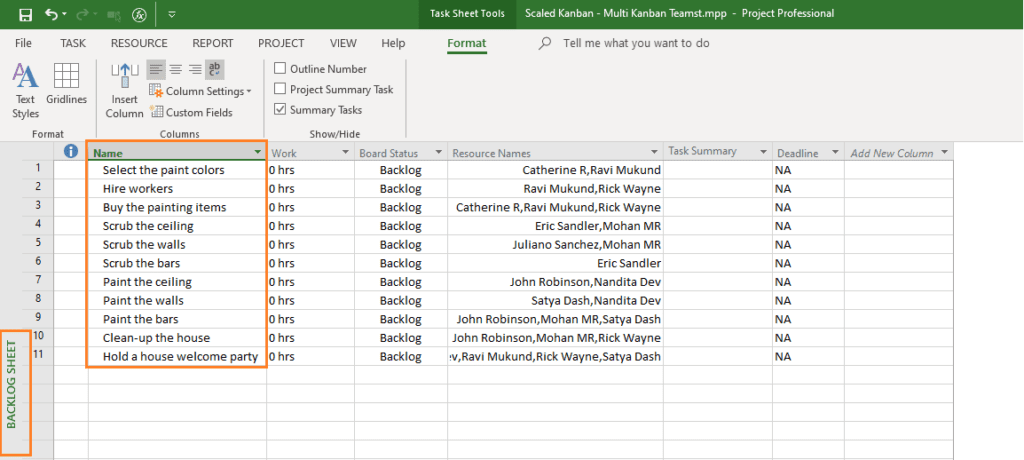 A screen shot of a backlog task sheet with the "Name" Column highlighted.