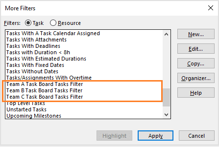 A screen shot showing all team's task board task filters.