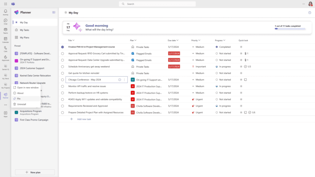 Figure 1 – “My Day” view in Microsoft Planner