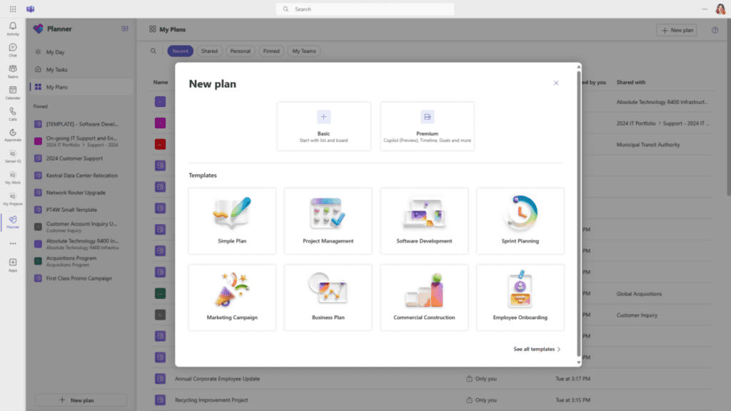 Figure 15 – Creating a new plan in Microsoft Planner