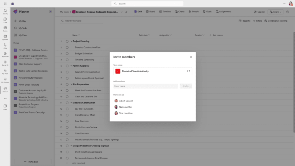 Figure 18 – Adding members to a plan in Microsoft Planner