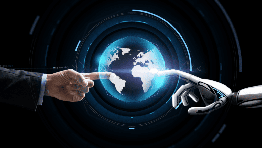 An image depicting a human hand and an android hand touching a globe in the center, representing the balance between AI and human expertise in project management.