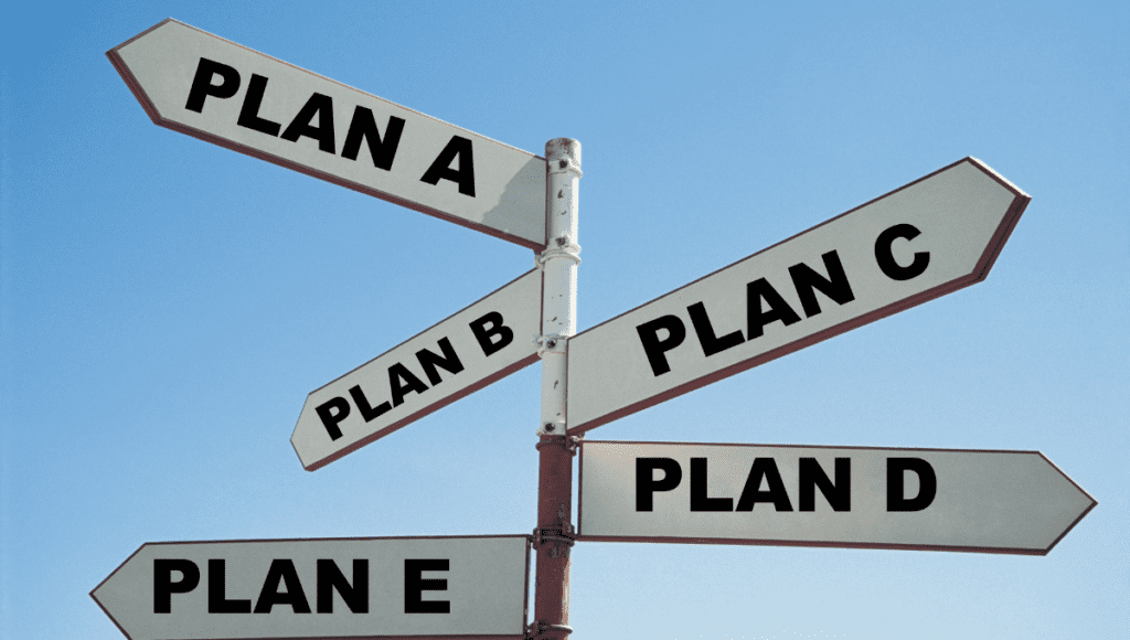 A photo of signs pointing in different directions, labeled "Plan A, Plan B, Plan C, Plan D, Plan E"