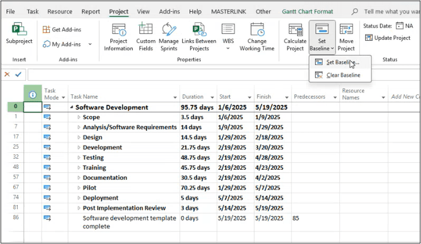Set Baseline menu in Microsoft Project